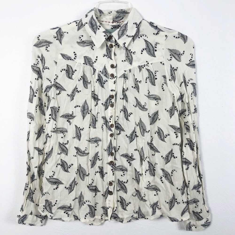 Anthropologie Cream Feather Print Blouse